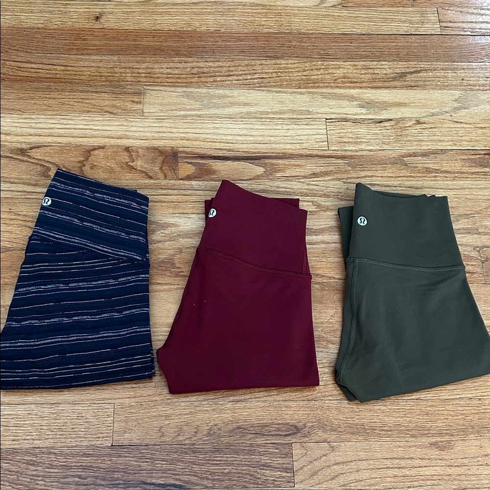Lululemon higher times Leggings Trio - Striped, Burgundy, Olive Sz 4